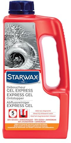 STARWAX – Abflussreiniger Express-Gel – Ideal für stagnierendes Wasser – Wirkt in 5 Minuten – Gel auf Basis von 30% Ätznatron – Küche und Bad 1L = 2 Anwendungen