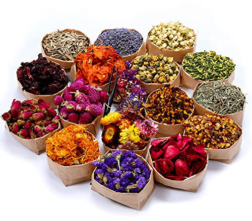 Lot de 16 sachets de fleurs séchées 100 % naturelles pour la fabrication de savon, la fabrication de bougies, le bain – Comprend des pétales de rose, lavande, Don't Forget Me, Lilium, Jasmin, boutons