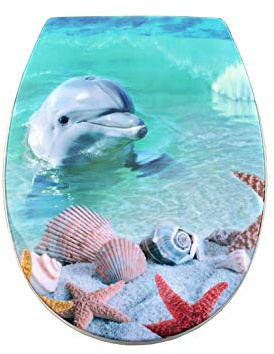BM 4812 Tavoletta Copriwater Sedile WC Universale Coperchio Toilet Seat Bagno Termoindurente Decorato Motivo Delfino in Mare, Fissaggio dal Basso Cerniere Incluse