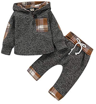 EDOTON Baby Mädchen Outfit 2 Stücke Set Gestreifte Blumen Hoodies mit Tasche Top + Lange Hosen Sweatshirt Outfit Kleidung (6-12 Monate, Khaki Gitter)
