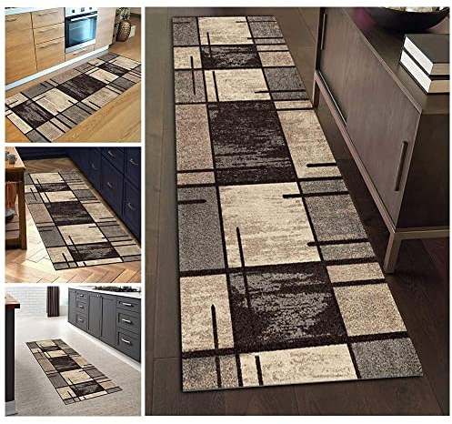ZVEZVI Teppich Läufer Flur Küche rutschfest Waschbar Braun und Grau Geometrische Muster 40x180cm Bunter Modern rutschfest Waschbar Vintage Kücheläufer Teppichläufer Polyester Meterware Anpassbar