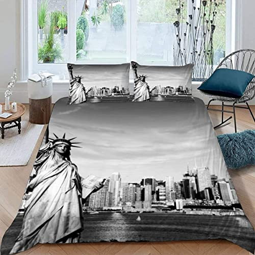 MOUPL Bettwäsche New York 200x200 3teilig 3D Freiheitsstatue Bettbezug Set mit Reißverschluss 100% Leicht Mikrofaser Kuschelig Atmungsaktive Sommer Bettwaren mit 2 Kissenbezug 80x80 cm