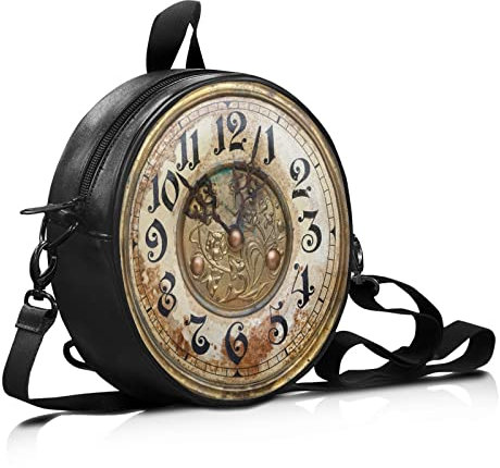 Salabomia Runde Damen-Handtaschen, PU-Leder, runde Umhängetaschen für Damen, kleine, langlebige Umhängetasche, Clutch-Geldbörse, Vintage-Uhr mit braunem Druck, Einheitsgröße