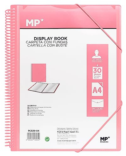 MP, Mappe mit 30 Hüllen, Gummiband, transparente Hüllen, enthält einen Ordner mit Umschlag mit Knopf, für akademische Zwecke, Büro, Rosa