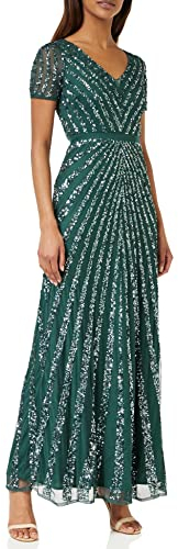 Maya Deluxe Womens Maxi Ladies Embellished Sequin Long Short Sleeve V Neck High Empire Waist Cut Shiny Prom Wedding Bridesmaid Dress, Emerald Green, 20