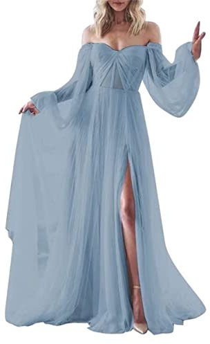 Puffy Long Sleeve Bridesmaid Dresses Tulle Slit Wedding Party Gowns for Women Dusty Blue