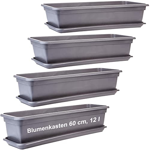 Lot de 4 jardinières de balcon pour balcon 60 cm, anthracite, bac à fleurs, rebord de fenêtre extérieur, jardinières de balcon avec bac à fleurs, soucoupe, jardinières de balcon en plastique,
