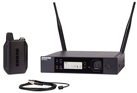 Shure GLXD14R+/93 Dual Band Pro Digital Wireless Mikrofonsystem mit WL93 Lavalier-Mikrofon und Rack-Mount-Empfänger.