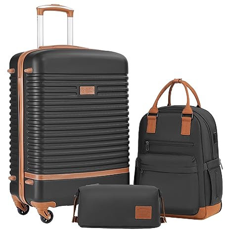 COOLIFE Suitcase Set, 3 Piece Luggage Sets with Travel Backpack and Toiletry Bag for Business Travel, TSA Lock 360° Spinner Wheels (Black/Brown, 24 Inch Luggage Set)