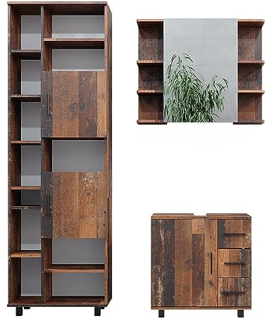 Vicco Badmöbel-Set Ilias, Eiche rustikal 60 cm | 3-teilig · Waschtischunterschrank · Hochschrank · Spiegelschrank