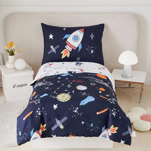 STYHO Duvet Cover Sets Double Dark Blue Space Rocket Printed Bedding Sets Kids Reversible Outer Space Themed Duvet Cover for Boys Girls(Dark Blue, Double)