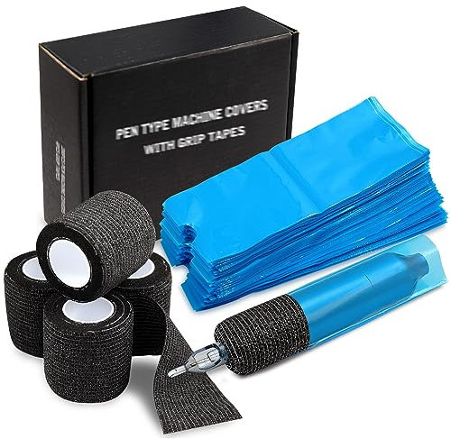 Pen Machine Covers and Grip Tapes 200pcs Tattoo Machine Covers with 4pcs Grip Wrap Cover 7.5 x 2.7 Tattoo Pen Sleeves Self adhesive Tape Tattoo Pen Bags Tattoo Supplies