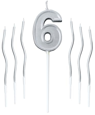 HXC Geburtstagskerzen Silber: Zahlenkerze 6 & gebogene Kerzen für Geburtstagstorte, Hochzeit, Party - Rauchfrei, Ungiftig, Pflanzlich