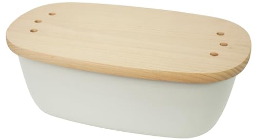 LAUBLUST Boîte à pain avec couvercle en bois - Beige | 27 x 21 x 14 cm | Boîte à pain spacieuse pour pain et pâtisseries | Couvercle en bois | Parfait comme planche à découper | Conservation longue