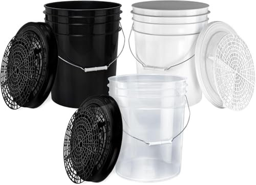 BenBow - Auto Wascheimer Set: 3X Wascheimer 20L - transparent schwarz und Weiß mit 3X Schmutzsieben & 3X Deckeln - für professionelle Auto Handwäsche - Waschanlage - perfekt zum Sauberhalten