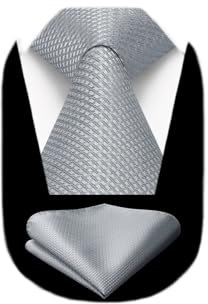 HISDERN Krawatten für Herren Graue Klassisch Hochzeit Schlips Formal Elegant Krawatte mit Einstecktuch Set Business