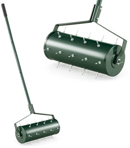 GOPLUS Scarificateur Manuel avec 27 Dents, Scarificateur à Main avec Tambour Lesté, Aérateur Métallique pour le Gazon et la Pelouse, Poignée Longue Confortable et Antidérapante(27 Dents)