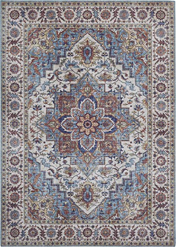 -LUXOR- living Teppich Wohnzimmer Bonum im Vintage Design - Wohnzimmerteppich Teppich Kurzflor Digitaldruck in zeitlosem Design Blau 200 x 290 cm