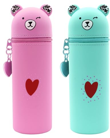 2 Stück Kawaii Federmäppchen 2 in 1 aus weichem Silikon,Cartoon Bleistifthalter,Schlampermäppchen Ständer up Stifteköcher,Bleistift Beutel,Niedliches Federmäppchen Mäppchen Mäppchen Mädchen Teenager