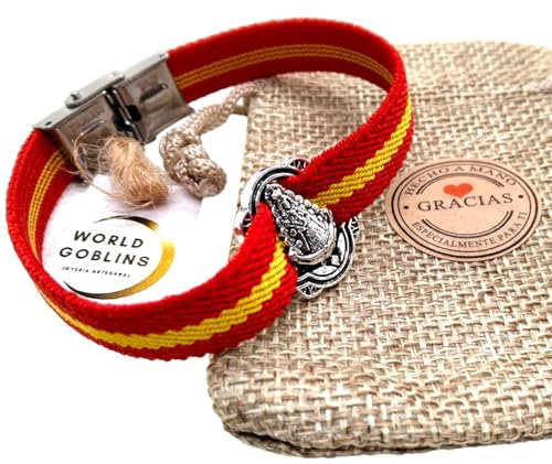 Pulsera de Tela Bandera España, Medalla Virgen del Rocío, Cierre Acero Inoxidable para Hombre y Mujer | Brazalete Elástico. Joyería Rociera Hecha en España. Regalos (España Guadiamar)