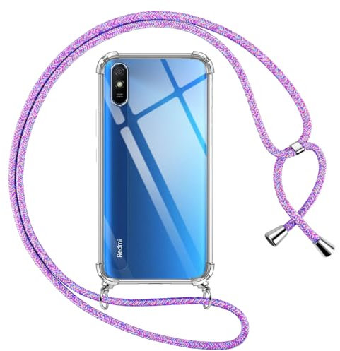 Pnakqil handyband für Xiaomi Redmi 9AT/Redmi 9A Hülle mit Band, Transparent Weich Silikon mit Kordel Necklace Schnur Anti-Fall Bumper Schutzhülle Case Kompatibel mit Redmi 9A / Redmi 9AT 6.53, Lila