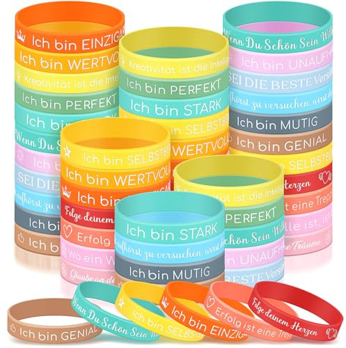 Xinnun 48 Stück Motivationsarmbänder auf Deutsch 20 cm Inspirierende Silikon Armbänder mit Positiven Sprüchen Motivierendes Silikonarmband Mutmacher Geschenk Party Mitgebsel für Kollegen Teenager