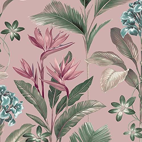 Oliana Pink Wallpaper Green Blue Teal Floral Tropical