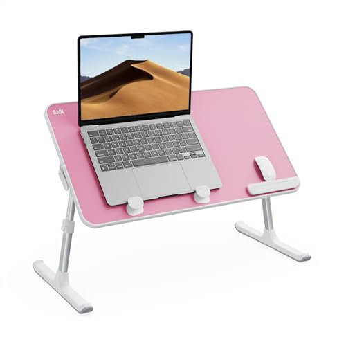 Desk, Table, SAIJI Folding Table, 5 Heights Adjustable Laptop Stand, Breakfast Bed Tray for Sofa, Bed, Terrace, Balcony (52 * 30cm Pink)