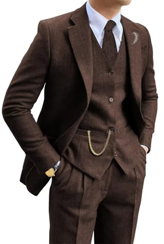 Costume rétro en Tweed Marron pour Homme 3 pièces à Chevrons Coupe ajustée Smoking Ensemble de Smoking de Bal de Fin d'année, Blazers, Gilets, Pantalons pour Homme, Marron foncé, Taille L