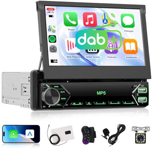 Hodozzy Dab Autoradio 1 Din avec Ecran Retractable de 7 Pouces, Écran Tactile Radio 1 Din avec sans Fil Carplay Android Auto, Bluetooth, Lien Miroir, EQ, FM, SWC, USB, Type-C + Caméra de Recul et MIC