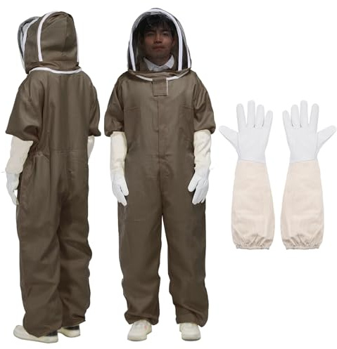 sourcing map Bee Suit for Men Women XL Beekeeping Suit Outfit with Gloves and Veil Hood (Jacket, Pants, Gloves) Bee Suits for Adult Backyard Professional and Beginner Bee Keeper, Coffee