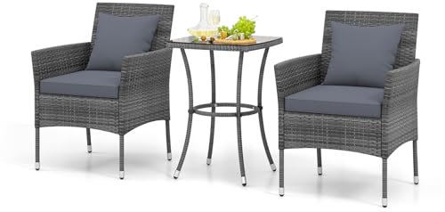 LIFEZEAL 2 Chaises de Jardin en Rotin PE avec Table Carrée en Verre Trempé, Salon avec Coussin Déhoussable, Ensemble Mobilier de Jardin Extérieur, Fauteuil Piscine Cour, Charge 180 kg (Gris)