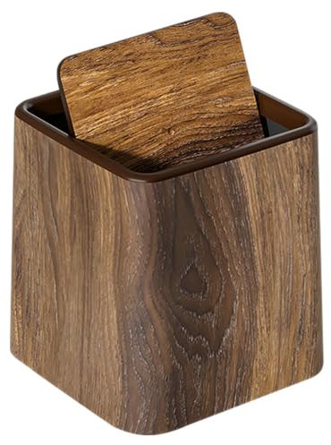 TOPBATHY Wood Grain Desk Trash Bin with Swing Lid, Retro Brown Wastebasket for Home, Office, Kitchen, Bedroom, Bathroom - Compact and Easy to Clean