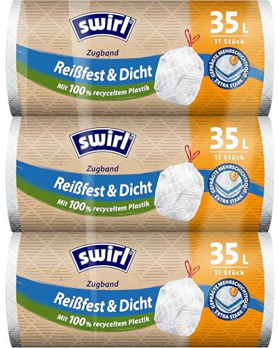 Swirl Reißfest & Dicht Müllbeutel mit Zugband, 35L, 3er Multipack mit 33 Mülltüten, Extra Stark, Tropfsicher