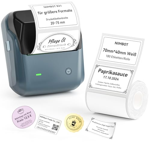 NIINBOT Etikettendrucker Bluetooth Label Printer für Barcode, Büro, Einzelhandel, Kleine Unternehmen, B31 Tragbarer Beschriftungsgerät mit Etiketten Selbstklebend 70 x 40mm, Dunkelblau