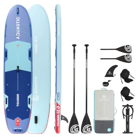 AQUASTIC Tourer 12'0 SUP-Board Set für 2 Personen bis 200 kg | 365 x 86 x 15 cm, 410 l Volumen, Blau, mit 2 Kajaksitzen, 2 verstellbaren 2-in-1-Paddeln, Pumpe und Rucksack