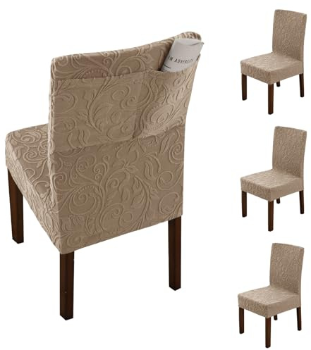 LiveGo Dining Chair Slipcover with Storage Bag, Stretch Removable Washable Dining Chair Slipcover Super Soft Protector for Seat Covers for Wedding Party Dining Room Home Decor (S-khaki, 4PCS)