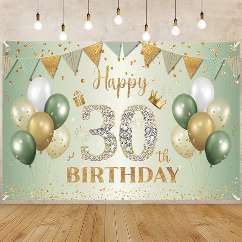 30. Geburtstag Banner Grün Gold 30. Geburtstagsbanner 30 Hintergrund Banner 30 Jahre HAPPY BIRTHDAY für 30 Mädchen Jungen Geburtstagsfeier Deko 180 * 110cm