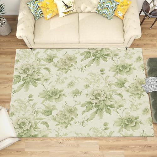 JEDTAKCT Teppich Wohnzimmer Waschbarer, Landblumen Teppiche Schlafzimmer, Viktorianische Flora Kurzflor Teppich – Teppiche Weich rutschfest, Design Für Esszimmer Dekor Salbeigrün 150X210Cm