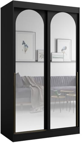 Albello Kleiderschrank Classy Schwarz Gold 120x65x215 cm – Moderner Schrank mit Spiegel & Schiebetüren – mit 5 Fächern & Kleiderstange – Spiegelfront platzsparend – MDF 16 mm – für Schlafzimmer Flur