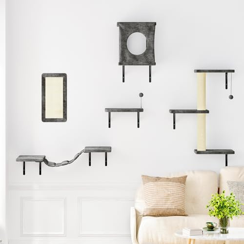 NUNU LAB Katzenmöbel zur Wandmontage, 5 Stück, Katzen-Wandregale mit Haus, Brücke, Stufen, Kratzbaum, Regale, sichere und stabile Möbel für Kätzchen, zum Spielen, Grau