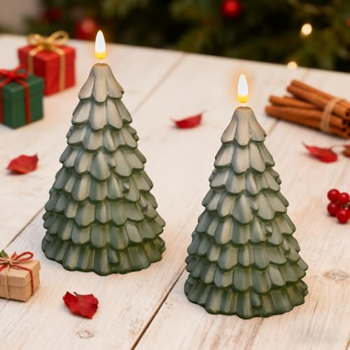 GAROMIA Weihnachtsdeko LED Kerzen 2 Stück Weihnachtsbaum Weihnachtsbaumkerzen Flammenlose Weihnachtsdeko Innen Kerzen Weihnachten Teelichter Tischdekoration Heimdekoration Geschenkset