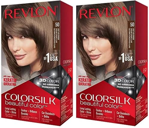 Revlon Permanente Haarfarbe, Permanentes Haarfärbemittel, Colorsilk mit 100% Grauabdeckung, Ammoniakfrei, Keratin und Aminosäuren, 50 Light Ash Brown (Packung mit 2)