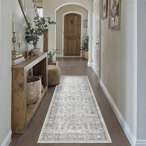PureCozy Teppich Läufer Flur Blaugrau 60x180cm Vintage Waschbarer Teppich | Weicher Kurzflor, Rutschfest, Pflegeleicht, Küche, Bettvorleger,Eingang ,Esszimmer,Schlafzimmer,Hallway