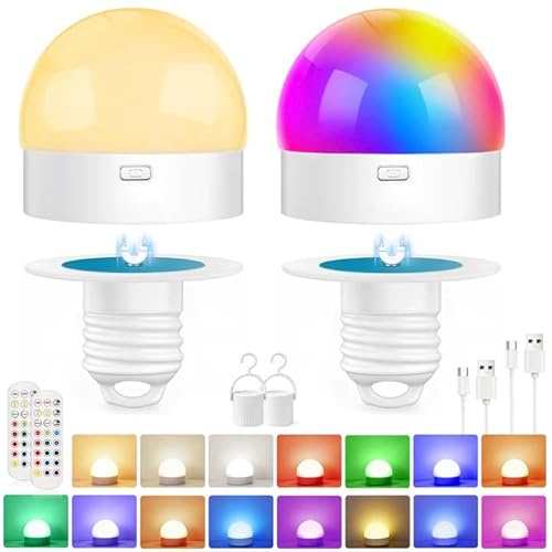 Lampadina Ricaricabile con Telecomando, Lampadina LED RGB E27 Dimmerabile, con Funzione Timer, 15 Colori Dimmerabili, con Base Magnetica per uso Domestico, luce di Emergenza con Gancio, 2 Pezzi