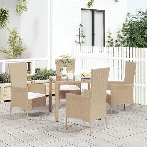 Owoxanthellate Gartenstühle 4er Set Poly Rattan Beige Akazienholz Armlehne 60x58x108 cm Komfortpolster wetterfest Gartenstuhl Terrassenstuhl Balkonstuhl für Outdoor Essbereich