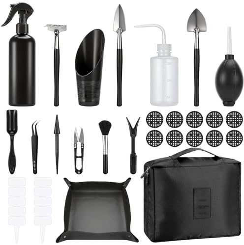 Yimomoyi Kit d’Outils de Jardinage 17 Pièces pour Plantes Grasses, Mini Outils de Précision pour Micro-Paysages et Succulentes, Ensemble Complet avec Tapis Imperméable et Sac de Rangement