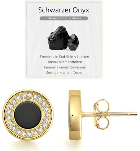 JENDEAR Schwarzer Onyx & Weiße Perlmutt Ohrringe Silber 925 für Damen Hypoallergene Nickelfrei Natürlicher Edelstein Ohrstecker, Schmuck Geschenke (Gold/Silber)