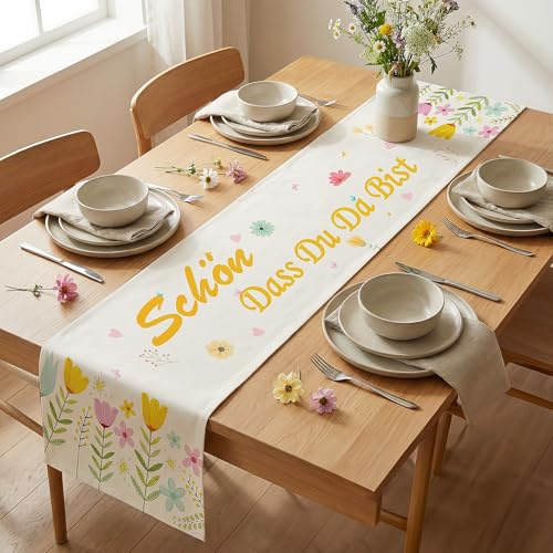 Seutgjie Tischläufer Schön DASS Du Da Bist Tischdeko 180x33cm | Tischdeko Geburtstag Hochzeit, Kommunion Taufe Deko, Aperol Gartenparty Deko Draußen Sommer