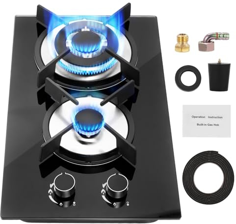 Victoam 5050W Gas Hob 2 Burners, NG/LPG Convertible Induction Hob, 51cm Built-in Tempered Glass Panel, Electronic Lgnition (Black)